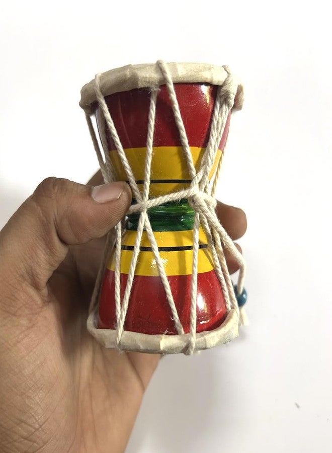 HuBBeR Traditional Indian Damru Hand Percussion Instrument, Handmade Musical Drum with Rope Design, Red and Yellow, Decorative Kids Toy (Small) - Image 2